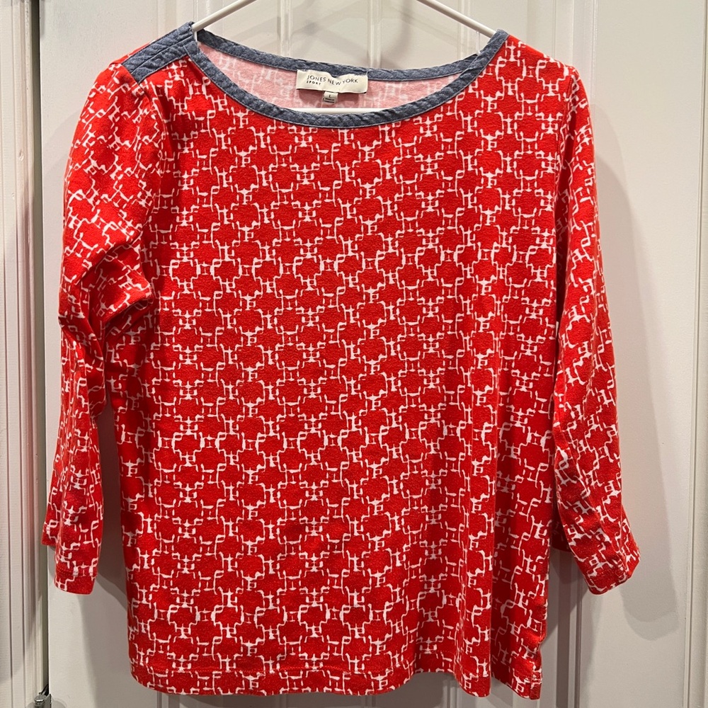 Jones New York Red White Blue Patterned Women's Boatneck Top Sz Large